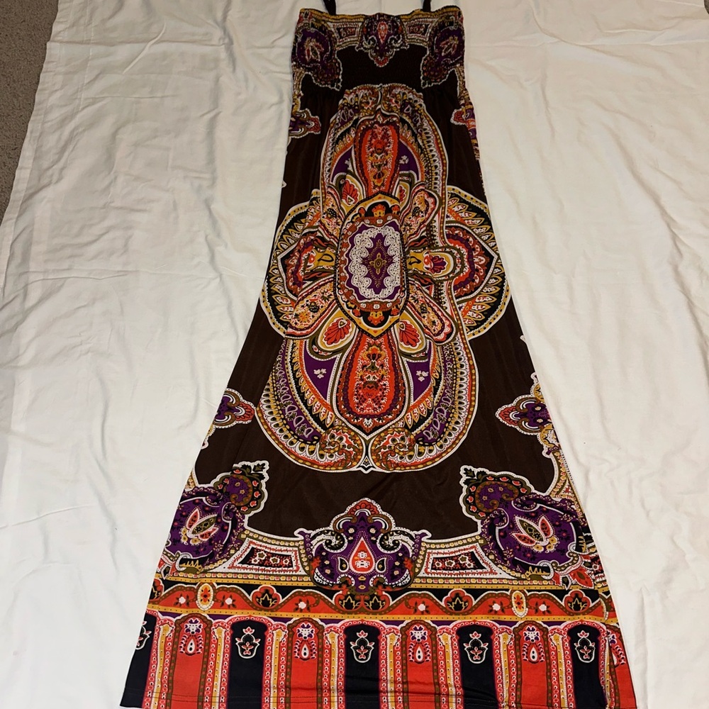 Women’s Boho Paisley Maxi Dress in Brown/ Purple (optional bathing suit cover)